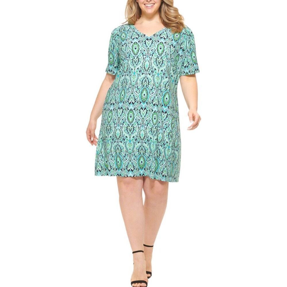 TOMMY HILFIGER Women's Teal Blue Green Paisley V Neck Mini Shift Dress Size 18 N